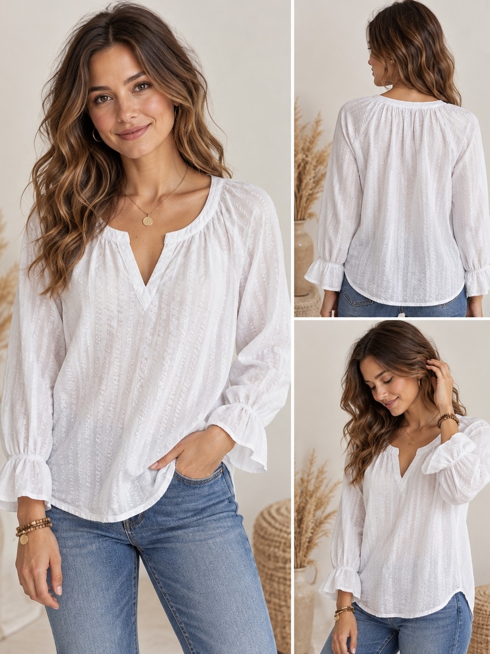 Tommy Bahama White Textured V-Neck Tunic Blouse